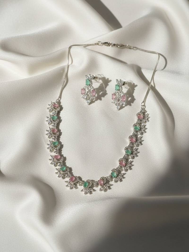 Elegant multicolor american diamond sleek necklace set