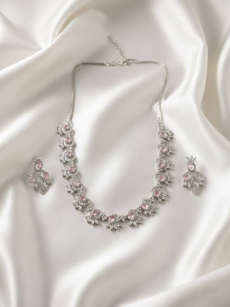 Elegant pink american diamond sleek necklace set