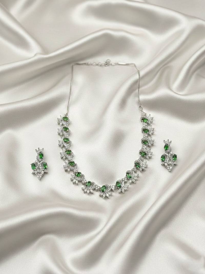 Elegant green american diamond sleek necklace set