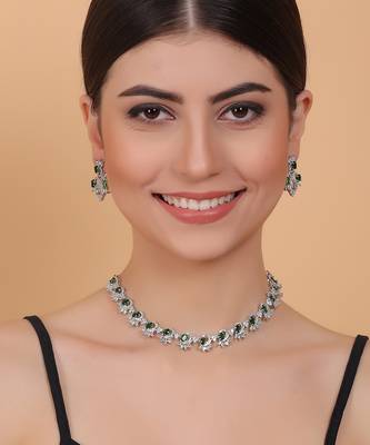 Elegant green american diamond sleek necklace set 2