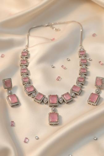  stunning pink big square cubic zirconia necklace set