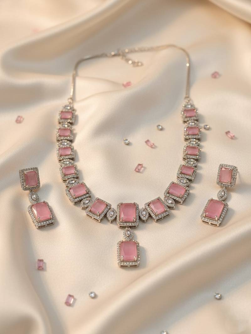  stunning pink big square cubic zirconia necklace set