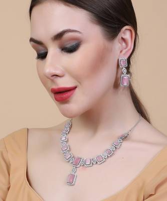  stunning pink big square cubic zirconia necklace set 2