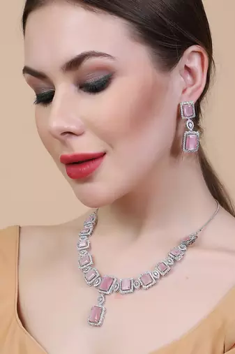  stunning pink big square cubic zirconia necklace set