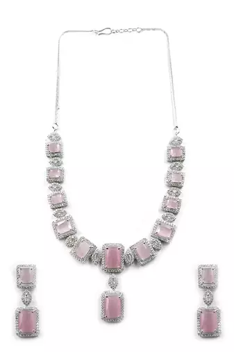  stunning pink big square cubic zirconia necklace set
