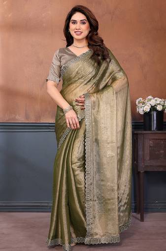 green embellished jimmy choo lace border saree with blouse piece for wedding wear