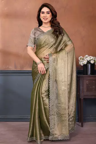 green embellished jimmy choo lace border saree with blouse piece for wedding wear