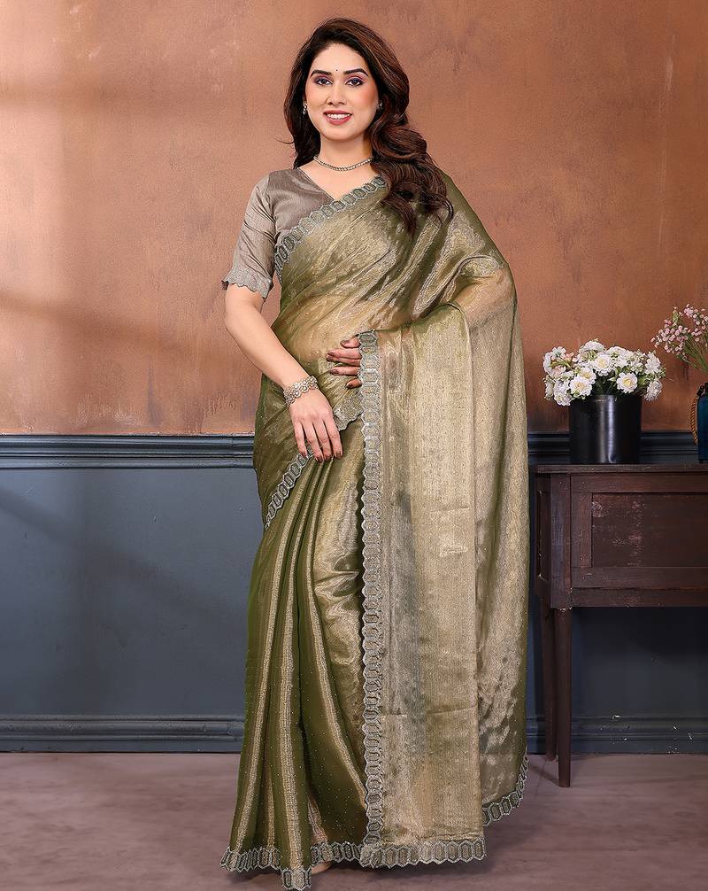 green embellished jimmy choo lace border saree with blouse piece for wedding wear