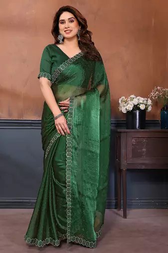 green embellished jimmy choo lace border saree with blouse piece for wedding wear