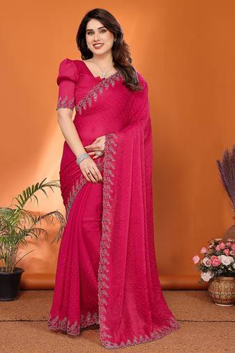 pink elegant embellished jimmy saree with frendi diamond border & blouse piece