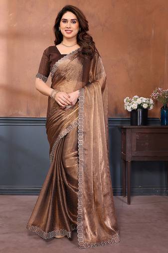 brown embellished jimmy choo lace border saree with blouse piece for wedding wear