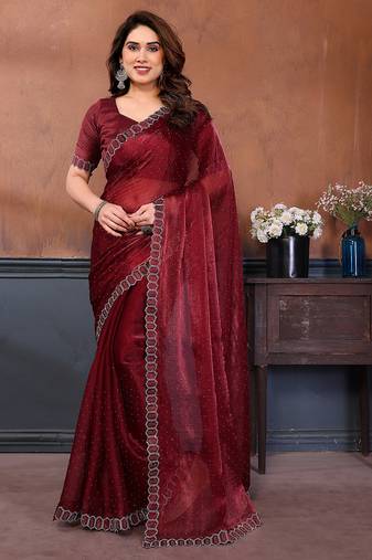 maroon embellished jimmy choo lace border saree with blouse piece for wedding wear