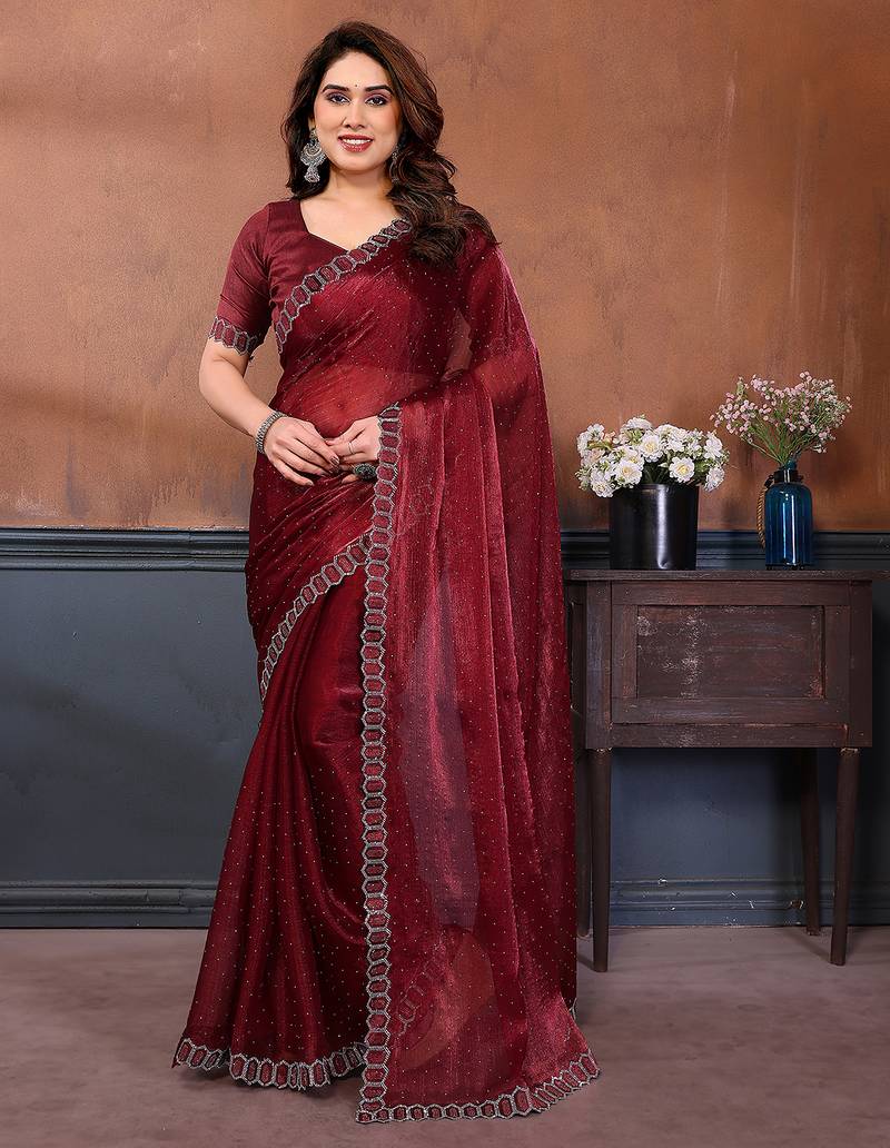 maroon embellished jimmy choo lace border saree with blouse piece for wedding wear