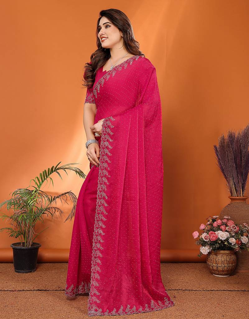 pink elegant embellished jimmy saree with frendi diamond border & blouse piece
