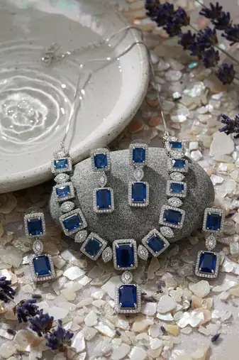  stunning blue big square cubic zirconia necklace set