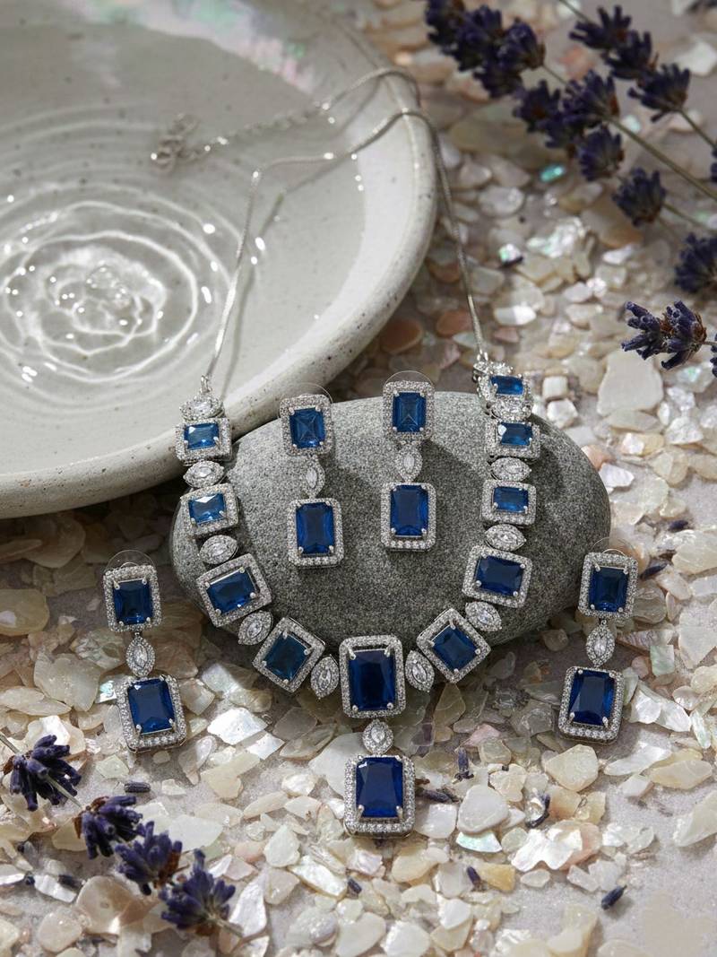  stunning blue big square cubic zirconia necklace set