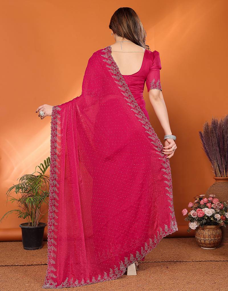 pink elegant embellished jimmy saree with frendi diamond border & blouse piece