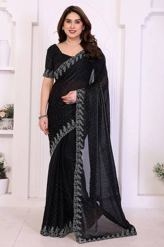 black elegant embellished jimmy saree with frendi diamond border & blouse piece