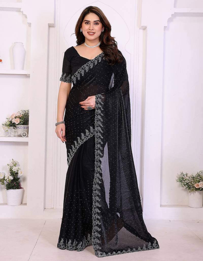 black elegant embellished jimmy saree with frendi diamond border & blouse piece