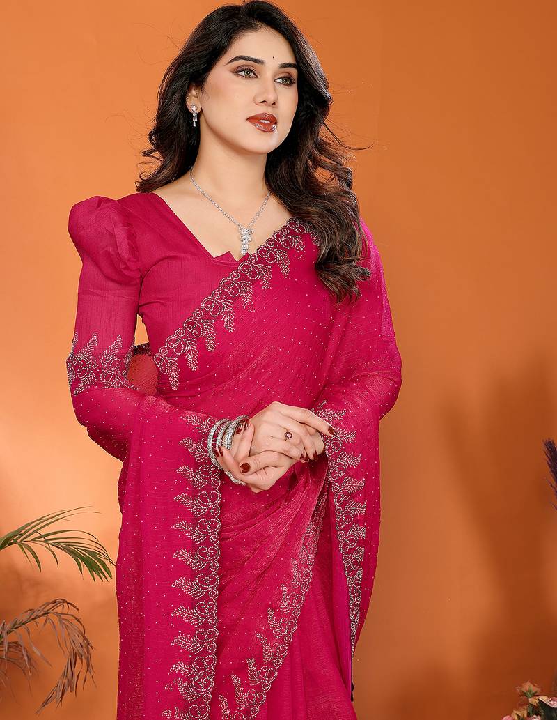 pink elegant embellished jimmy saree with frendi diamond border & blouse piece