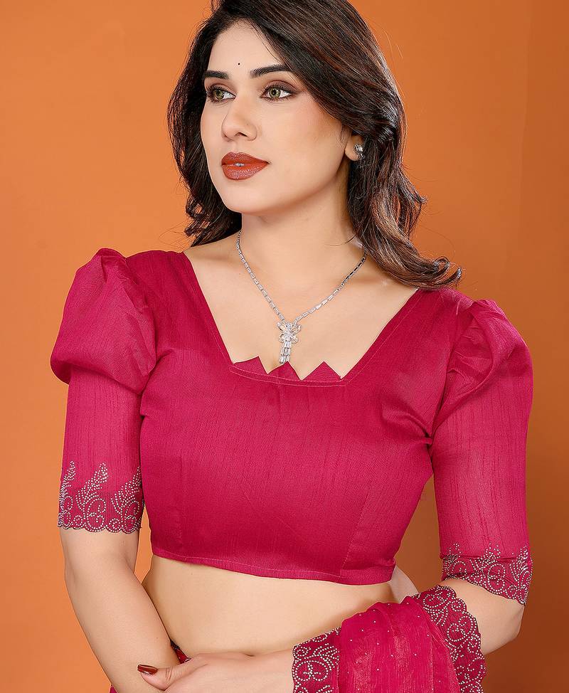 pink elegant embellished jimmy saree with frendi diamond border & blouse piece