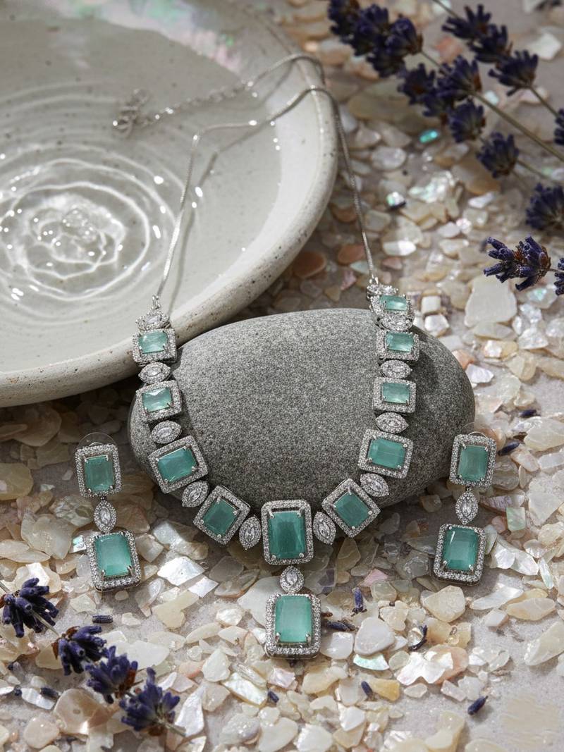  stunning turquoise big square cubic zirconia necklace set