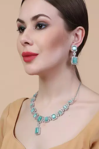 stunning turquoise big square cubic zirconia necklace set