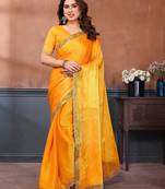  yellow embellished jimmy choo lace border saree with blouse piece for wedding wear