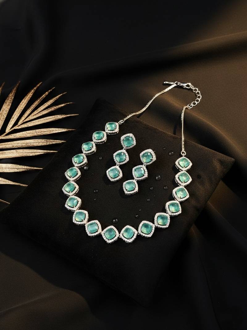  turquoise blue cz-ad subtle necklace set