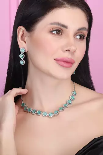  turquoise blue cz-ad subtle necklace set