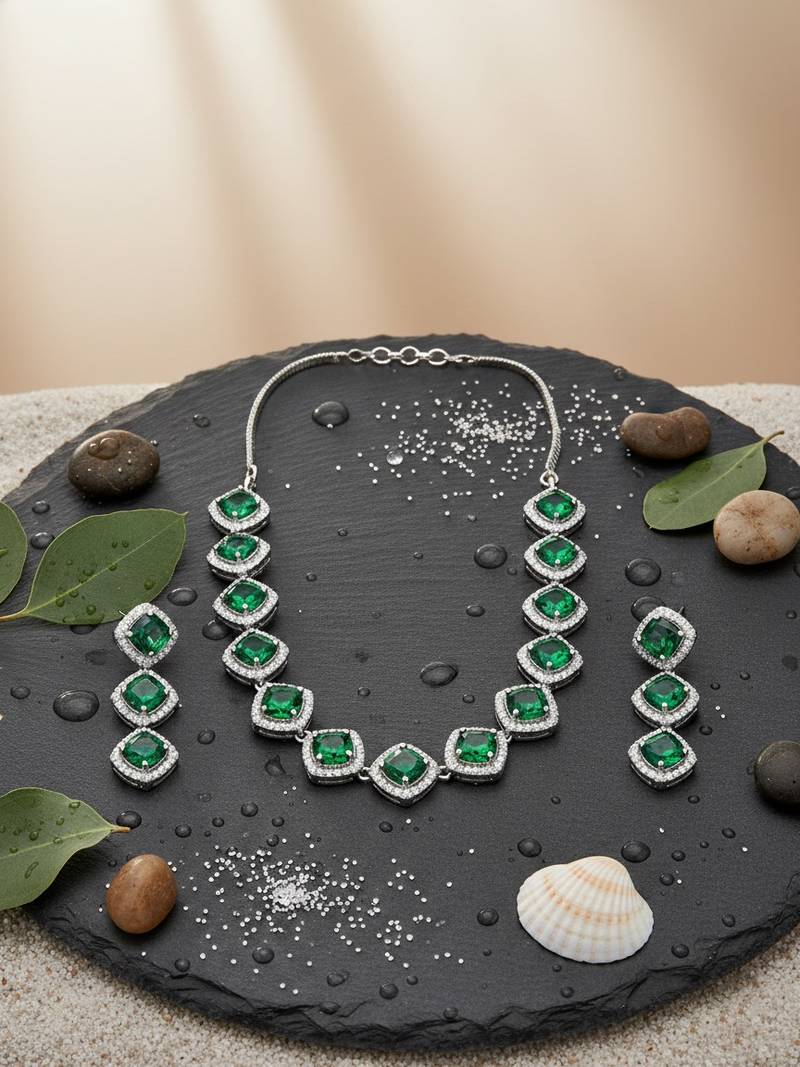 Green cz-ad subtle necklace set