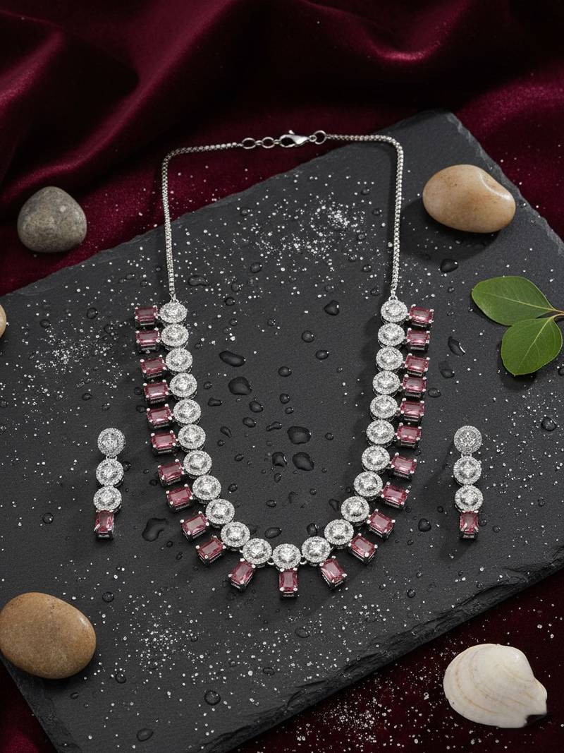 Silver plated red square ad necklace set