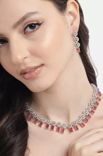 Silver plated red square ad necklace set