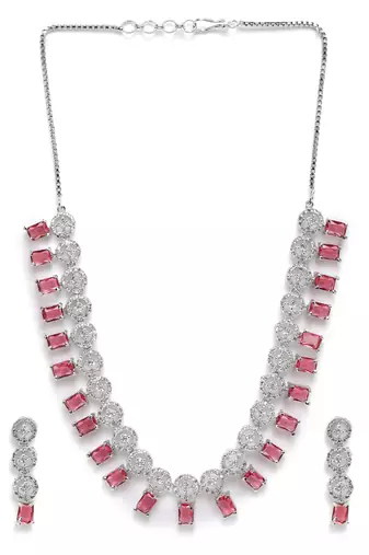 Silver plated red square ad necklace set