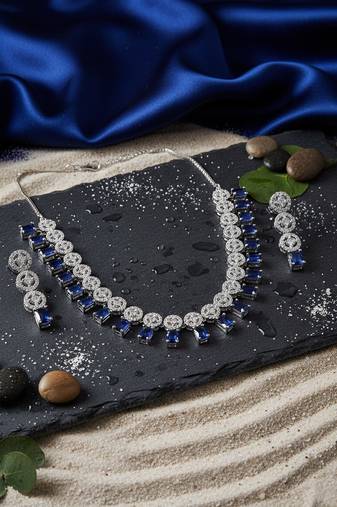 Silver plated blue square ad necklace set