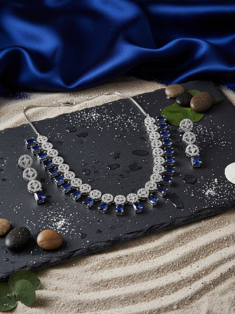 Silver plated blue square ad necklace set