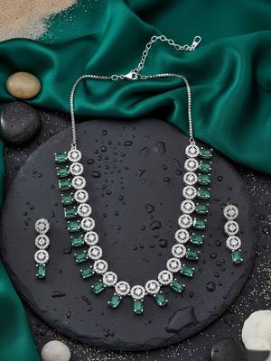 Silver plated green square ad necklace set 1