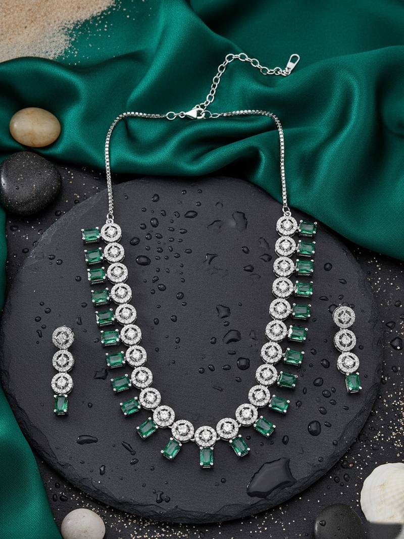 Silver plated green square ad necklace set