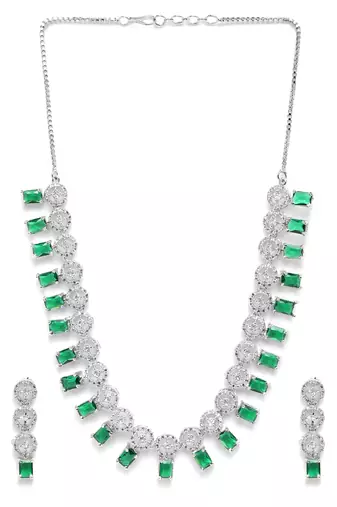 Silver plated green square ad necklace set