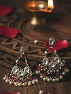 Multicolor handmade mirror work chandbali with pearl drops 1