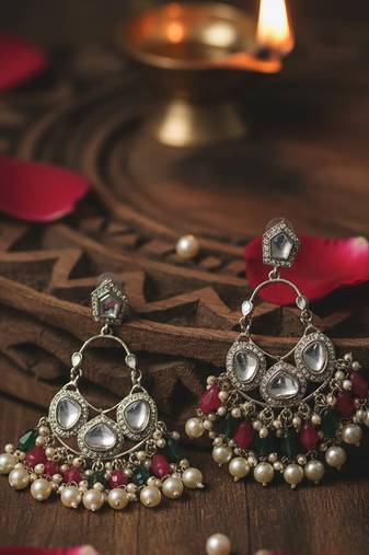 Multicolor handmade mirror work chandbali with pearl drops