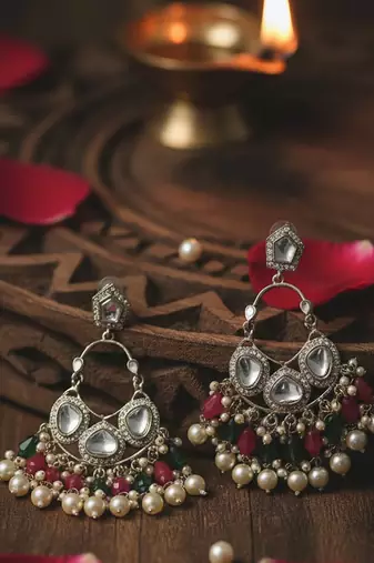 Multicolor handmade mirror work chandbali with pearl drops