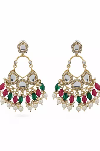 Multicolor handmade mirror work chandbali with pearl drops