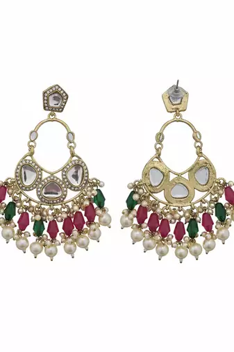 Multicolor handmade mirror work chandbali with pearl drops