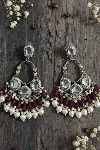 Maroon handmade mirror work chandbali with pearl drops