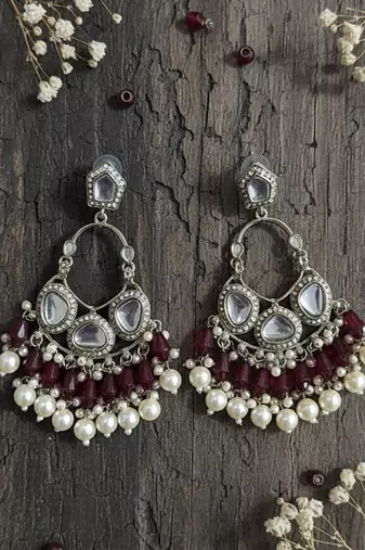 Maroon handmade mirror work chandbali with pearl drops