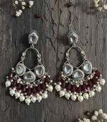 Maroon handmade mirror work chandbali with pearl drops