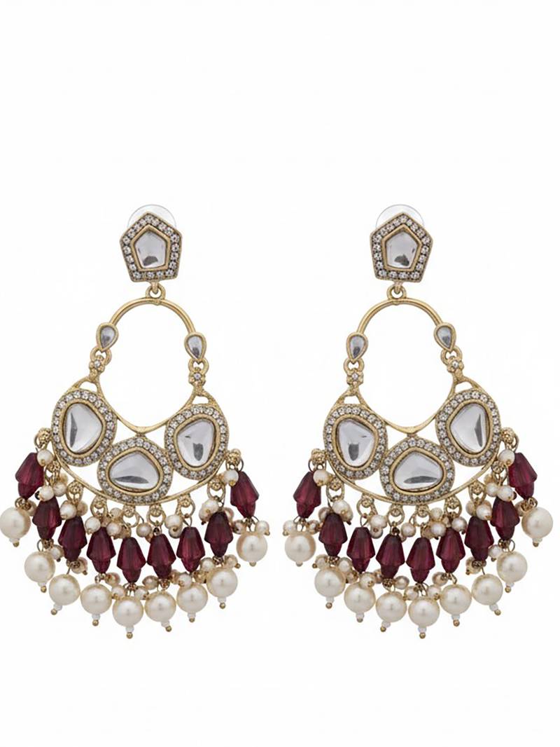 Maroon handmade mirror work chandbali with pearl drops