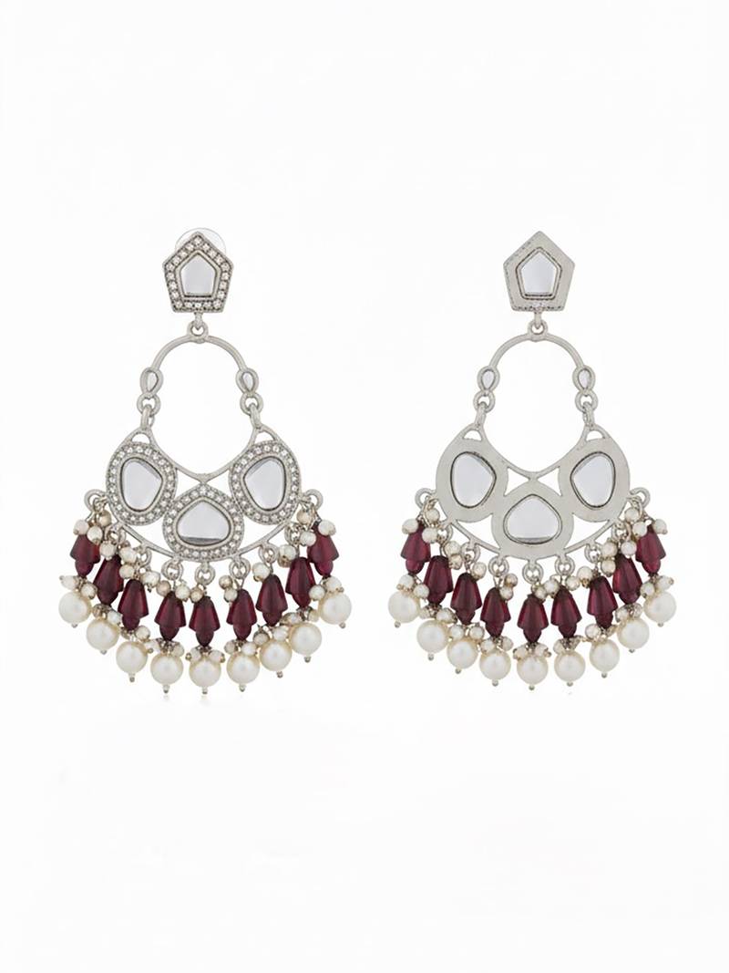 Maroon handmade mirror work chandbali with pearl drops