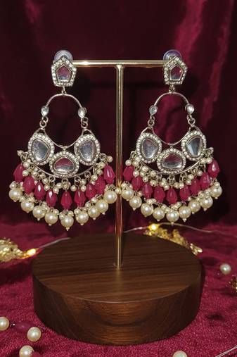 Red handmade mirror work chandbali with pearl drops